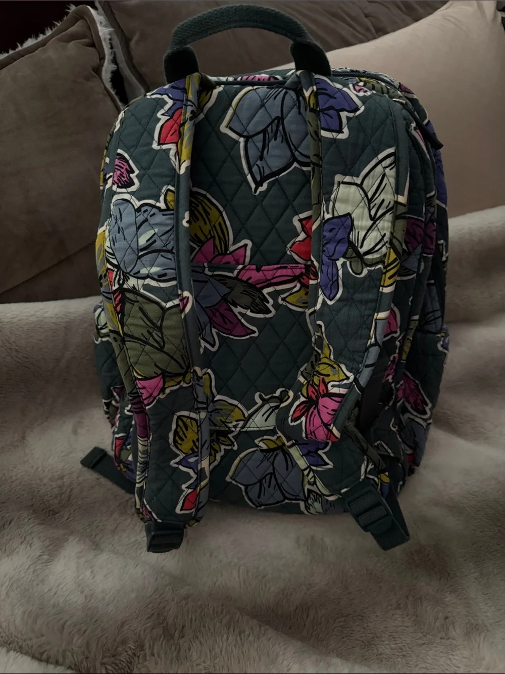 Vera Bradley Quilted Floral Backpack in Gray with Pink, Red, Purple Accents